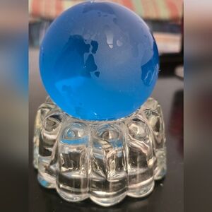 Vintage Blue Glass Globe Paperweight On A Clear Glass Stand